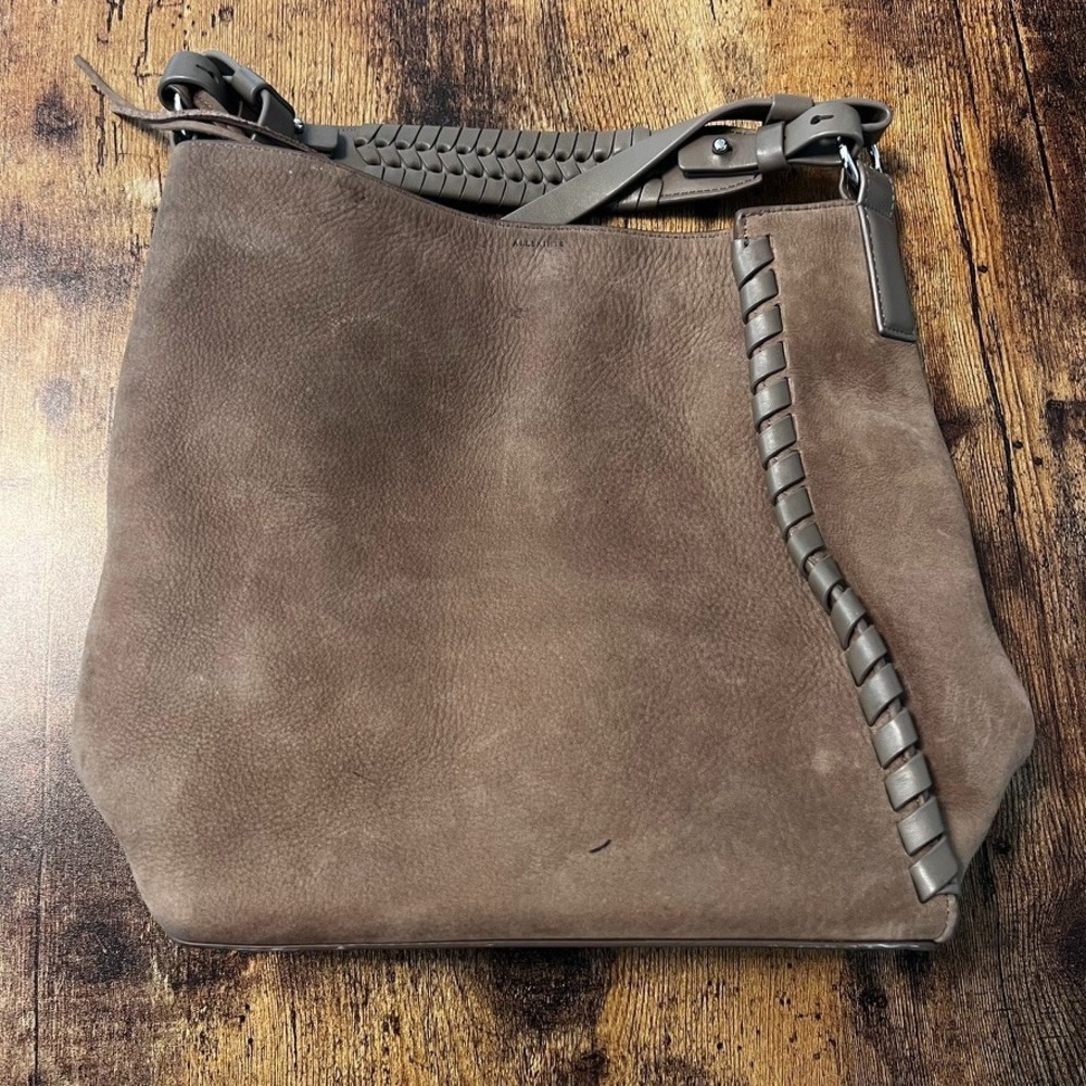AllSaints Kepi Nubuck Leather Crossbody TAUPE Purse All Saints Whipstitch Tassel